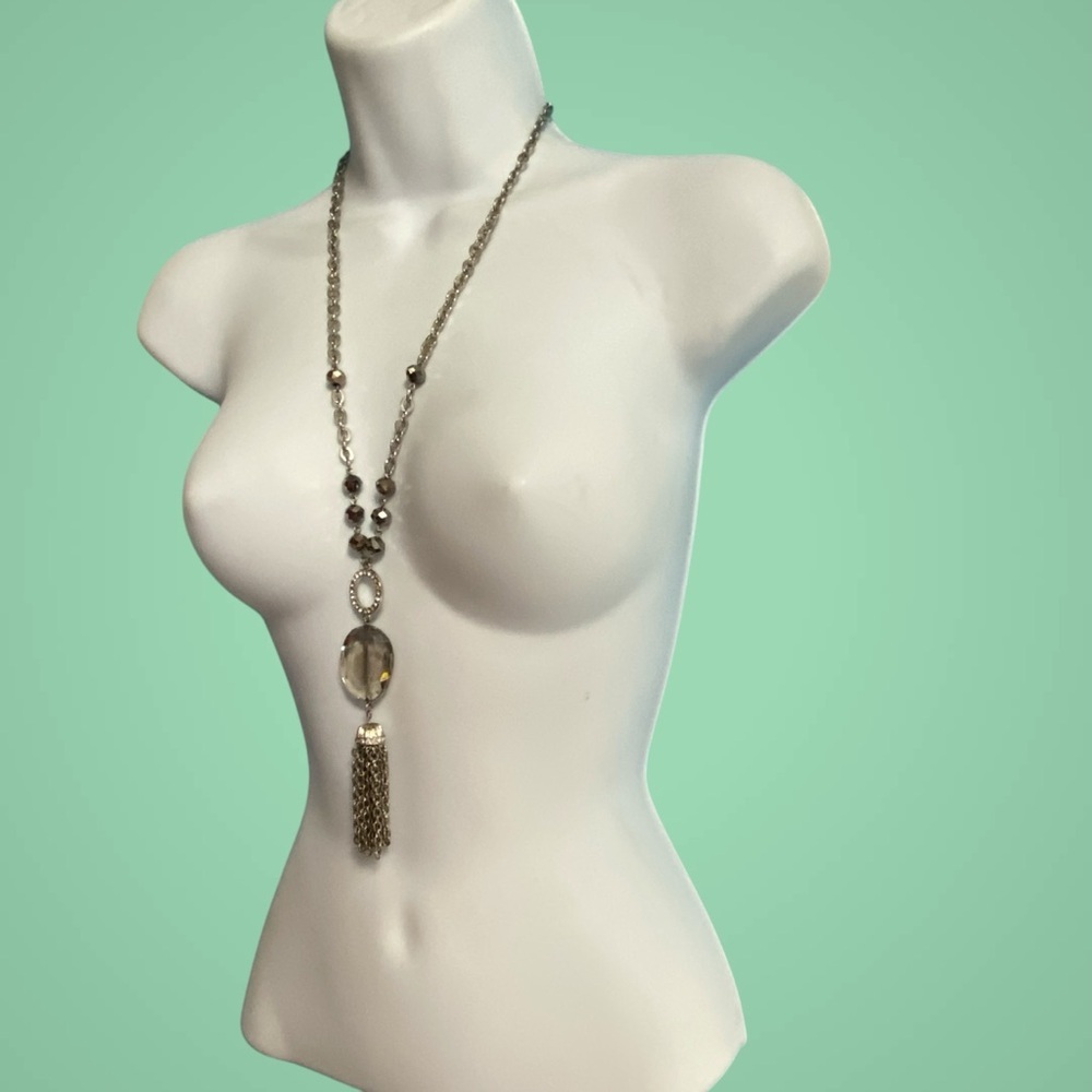 Smokey Faceted Glass Beads Pendant Tassel Long Chain Necklace